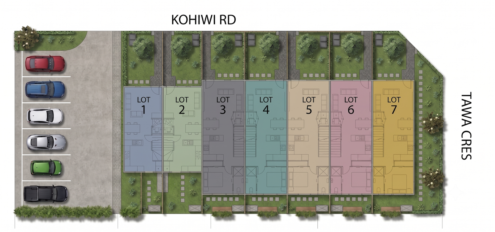 Kohiwi Terraces scheme plan showing Lots 1 to 7 at 36 Tawa Crescent Manurewa